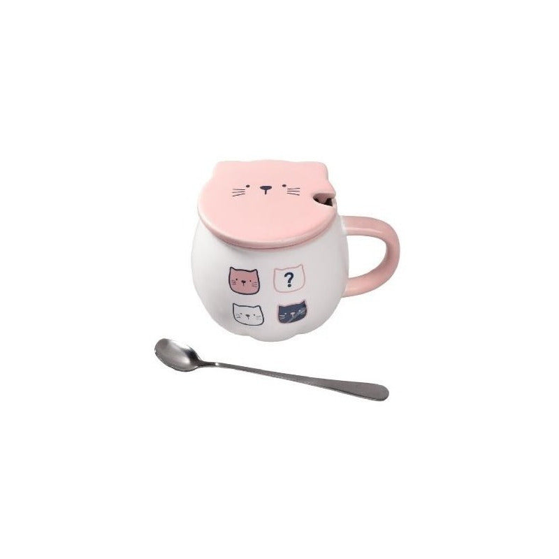 Taza Cat Cute Mug Con Tapa Y Cuchara Gato Kawaii /r&c