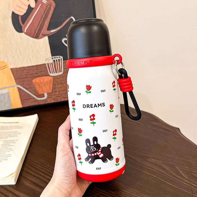 Termo 500ml Inoxidable Kawai Animales + Taza Botella Térmica