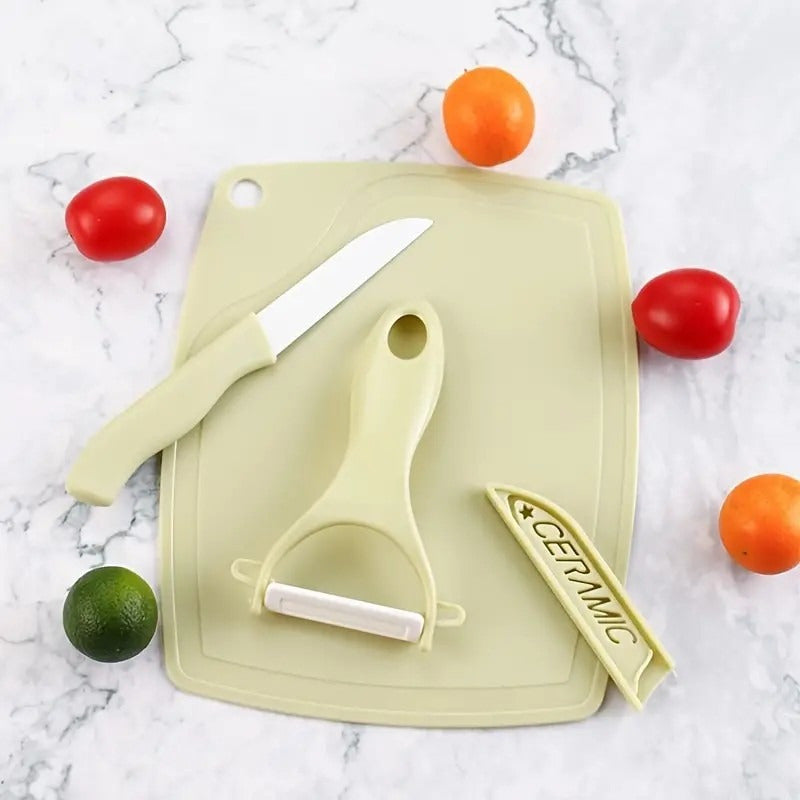 Set Cuchillo + Pelador De Cerámica De Frutas Verdura + Tabla