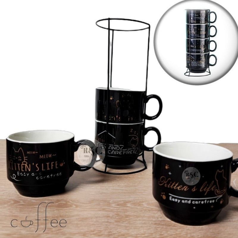 Set 4 Tazas Kawai Apilables 6cm + Soporte Mug Gato Chi /r&c