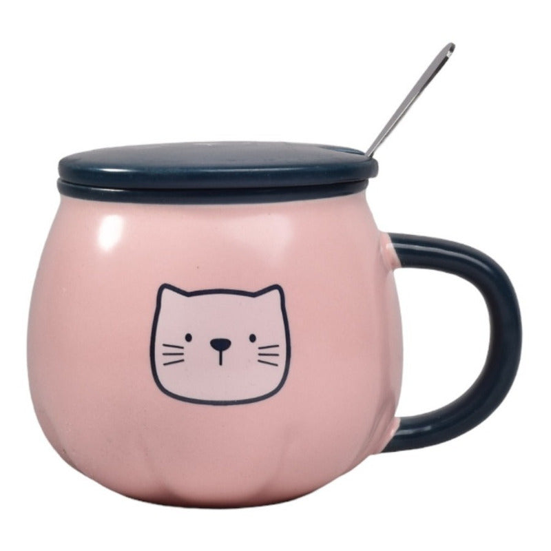 Taza Cat Cute Mug Con Tapa Y Cuchara Gato Kawaii /r&c