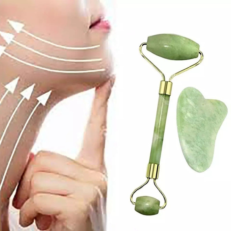 Rodillo Jade Masaje Facial Linfático + Piedra Gua Sha /r&c
