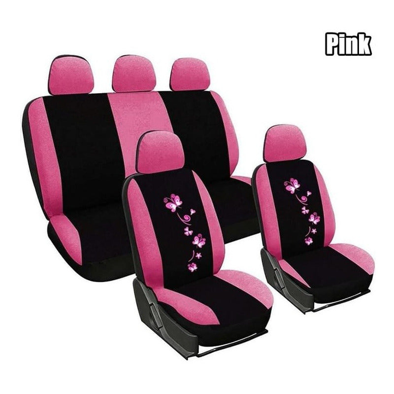 Funda Cubre Asiento Negro-rosa Mariposa 11pcs Auto Universal