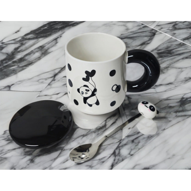 Tazón Oso Panda Taza Kawaii Con Tapa Y Cuchara 400ml / Ryc