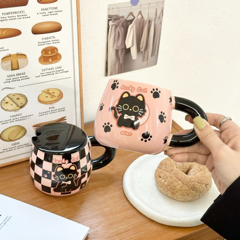 Tazón Kawaii Gato Y Conejo Mug Con Tapa Cuchara Taza Cartoon