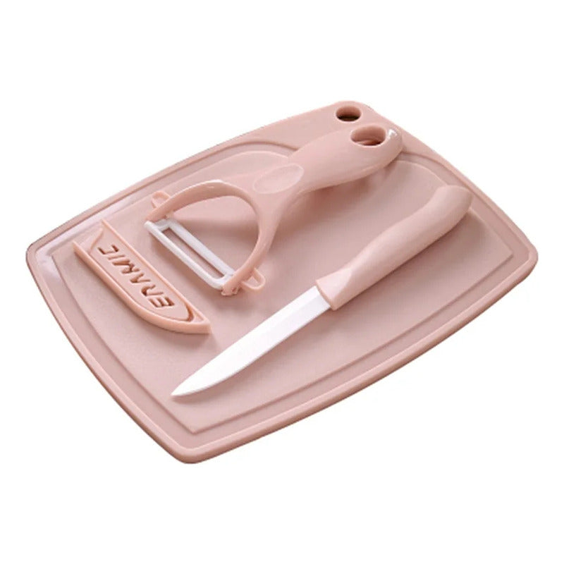 Set Cuchillo + Pelador De Cerámica De Frutas Verdura + Tabla