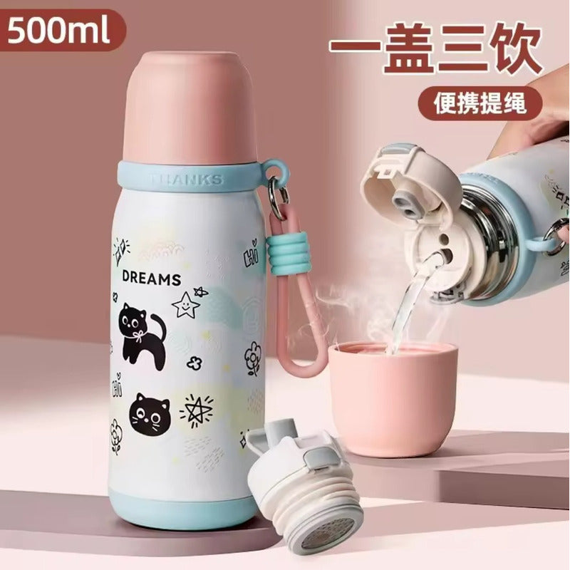 Termo 500ml Inoxidable Kawai Animales + Taza Botella Térmica