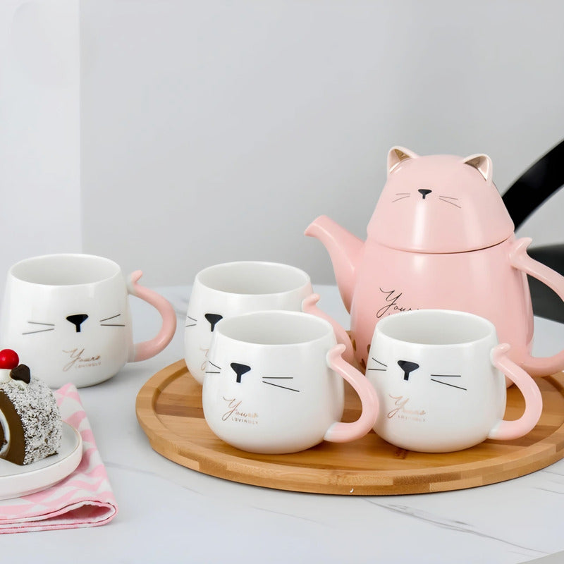 Set Tetera De Gatito De Porcelana + 4 Tazas + Bandeja Bambu