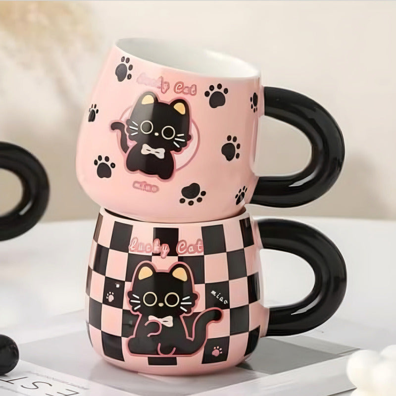 Tazón Kawaii Gato Y Conejo Mug Con Tapa Cuchara Taza Cartoon