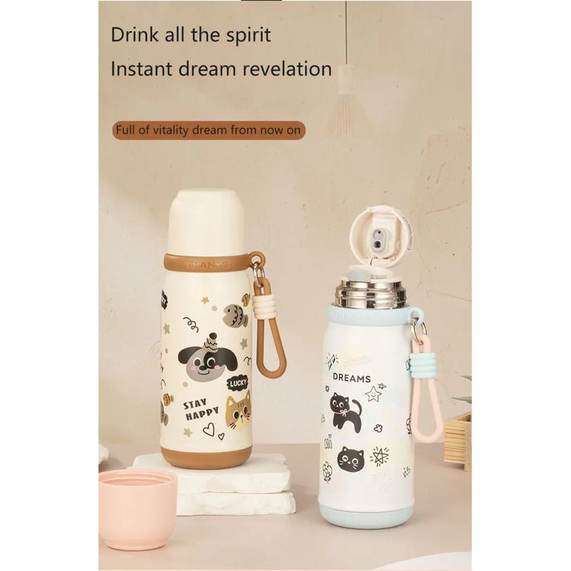 Termo 500ml Inoxidable Kawai Animales + Taza Botella Térmica