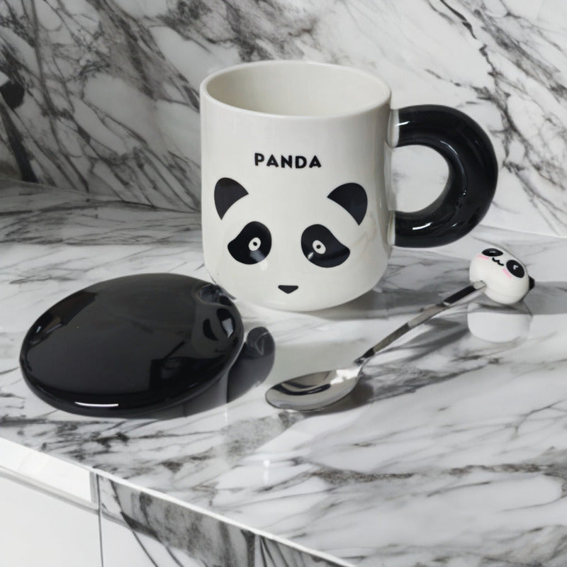 Tazón Oso Panda Taza Kawaii Con Tapa Y Cuchara 400ml / Ryc