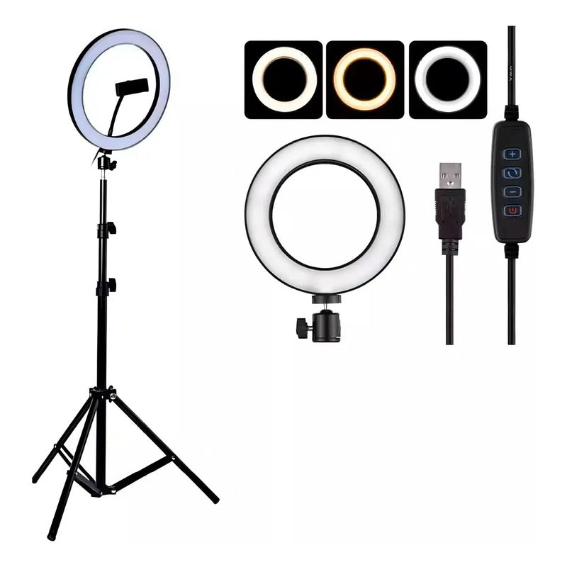 Aro De Luz Led Redondo De 26 Cm Con Trípode Y Colores De Luz Fría Y Cálida Negro Blanco Frio / Blanco Calido