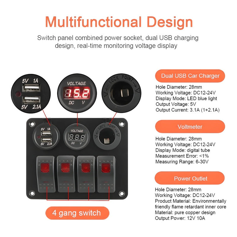 Panel Botonera 4 Interruptores Switch 2usb Voltimetro 12-24v