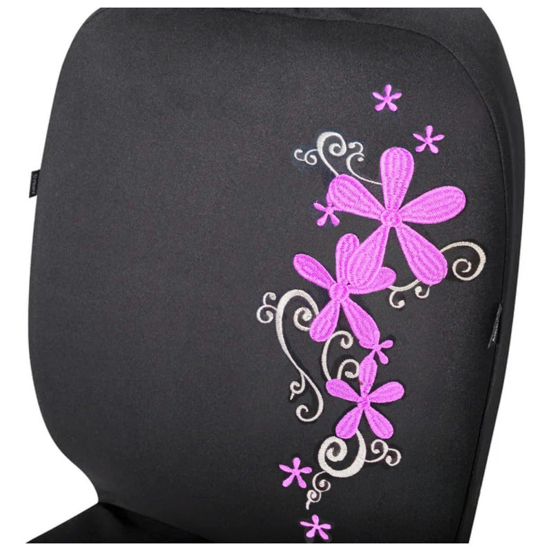 Funda Cubre Asiento Negro Flores Bordada 8pcs Auto Universal