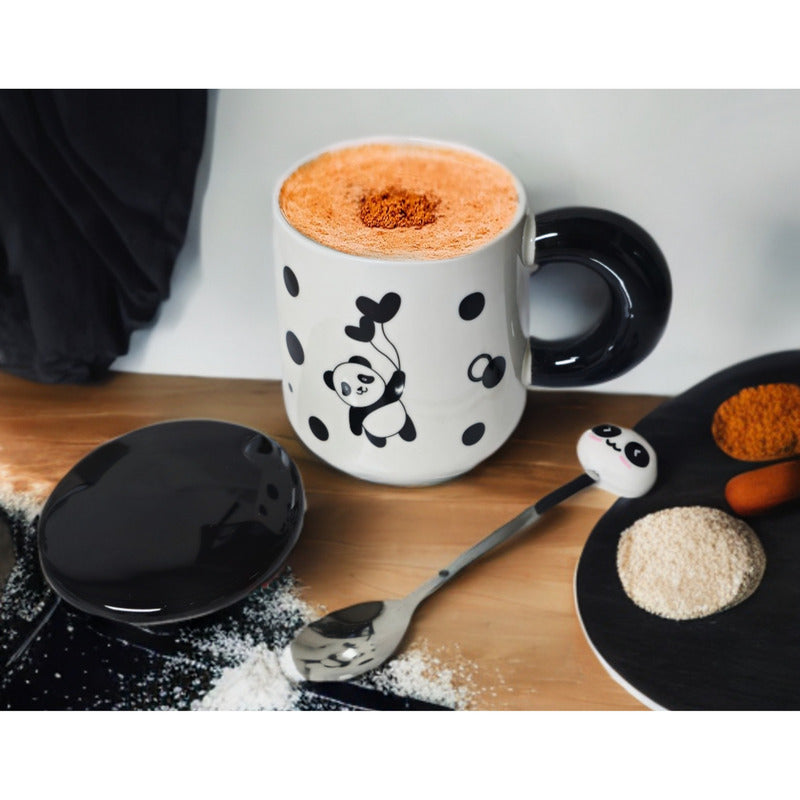 Tazón Oso Panda Taza Kawaii Con Tapa Y Cuchara 400ml / Ryc