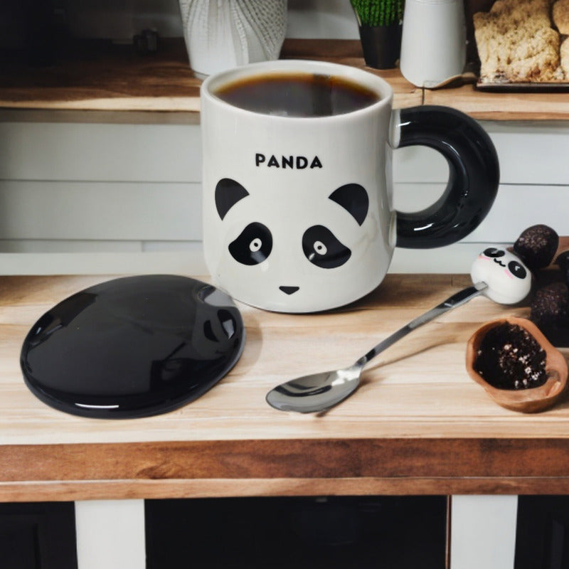 Tazón Oso Panda Taza Kawaii Con Tapa Y Cuchara 400ml / Ryc