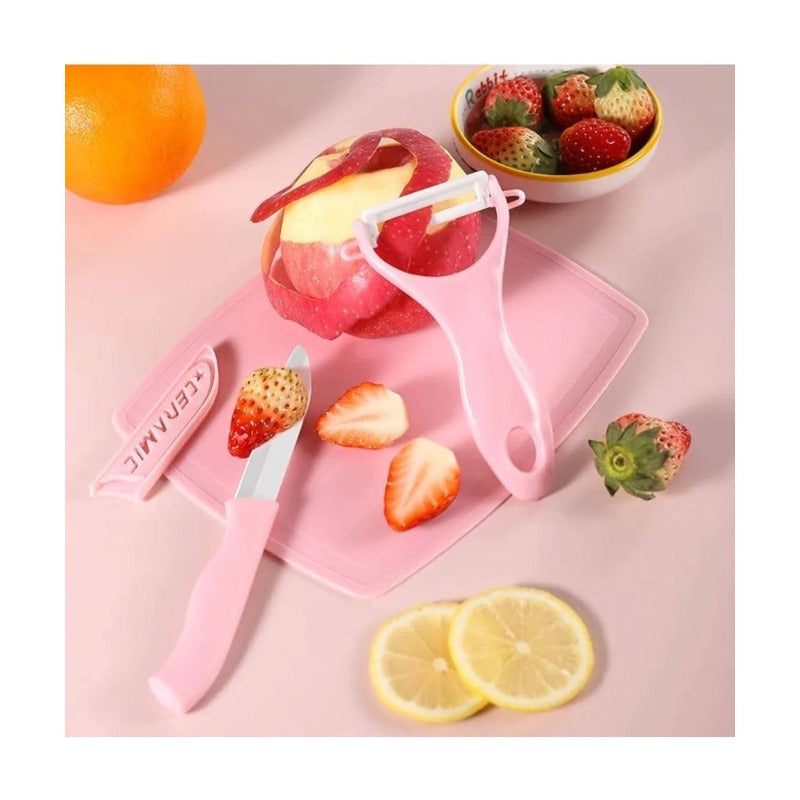 Set Cuchillo + Pelador De Cerámica De Frutas Verdura + Tabla