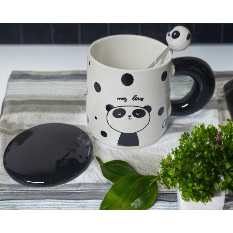 Tazón Oso Panda Taza Kawaii Con Tapa Y Cuchara 400ml / Ryc