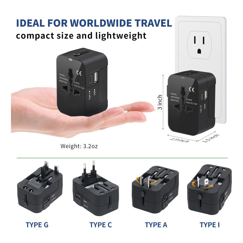 Adaptador De Enchufe Viajero Con Usb + Tipo C Conector Viaje