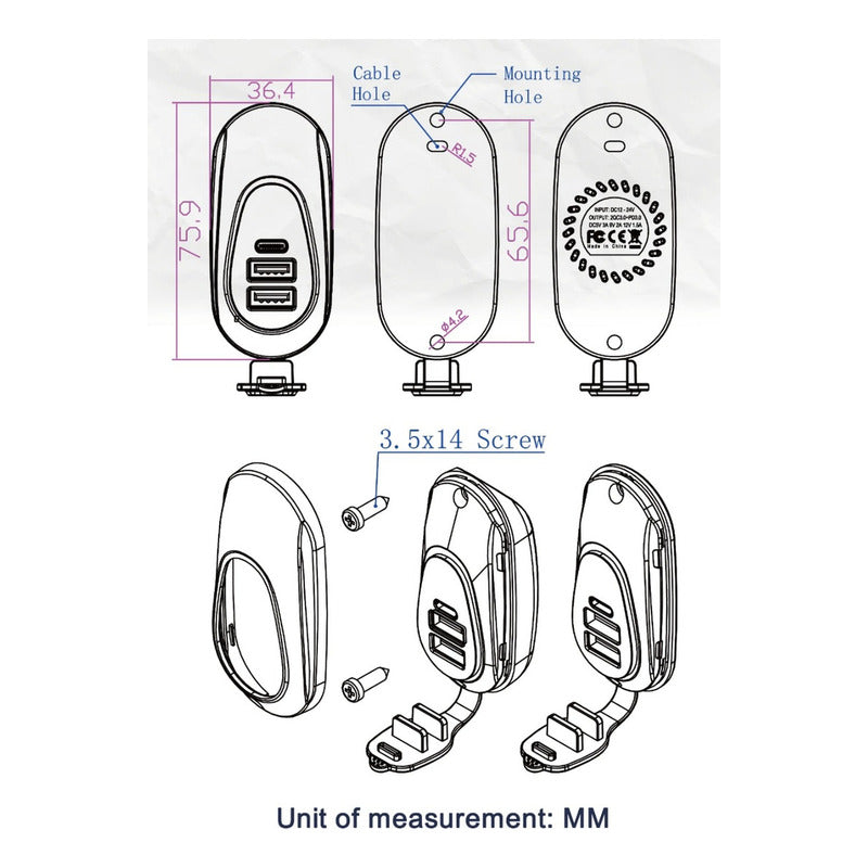 Adaptador Carga Rápida 2 Usb 1 Type C 12-24v Sobrepuesto