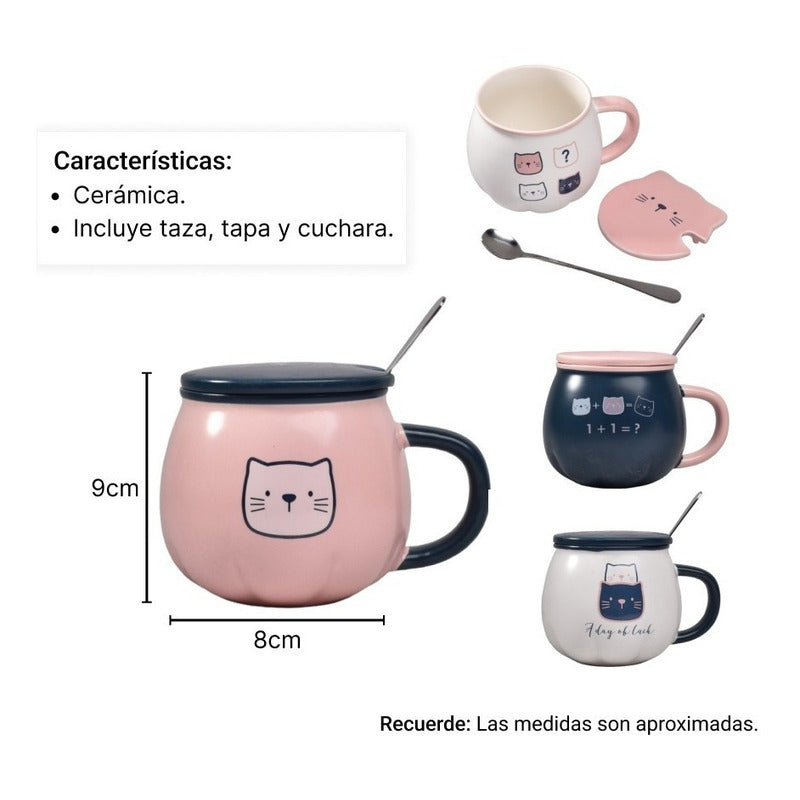 Taza Cat Cute Mug Con Tapa Y Cuchara Gato Kawaii /r&c