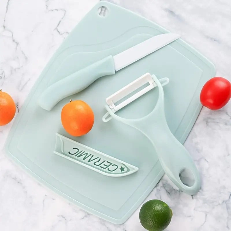 Set Cuchillo + Pelador De Cerámica De Frutas Verdura + Tabla