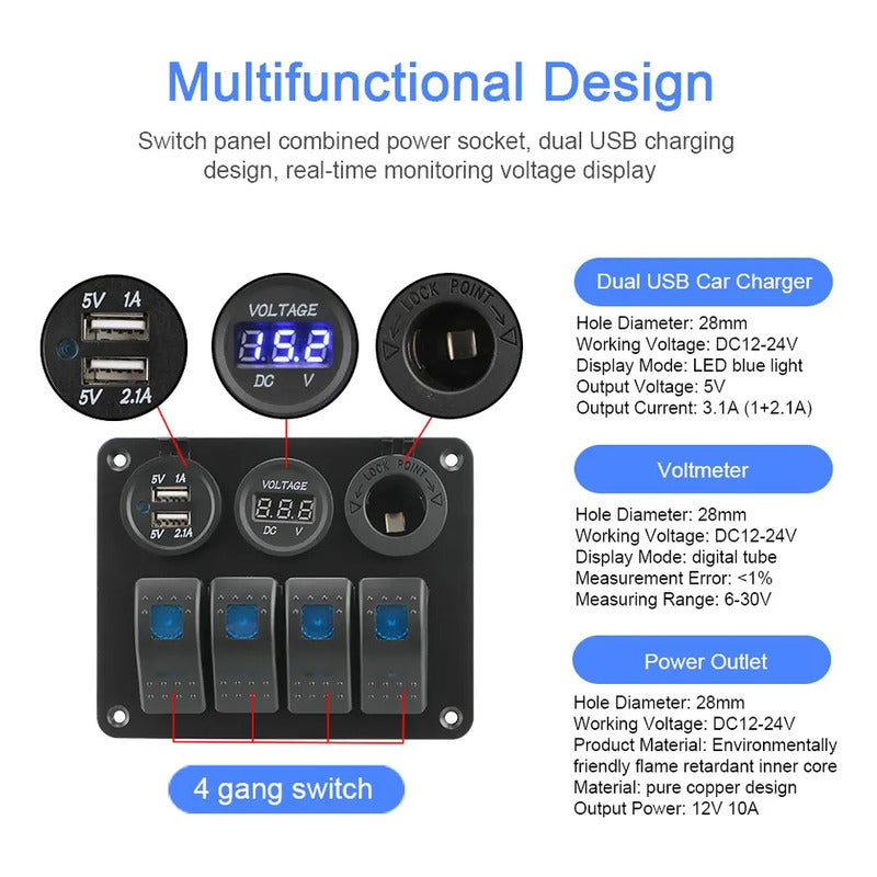 Panel Botonera 4 Interruptores Switch 2usb Voltimetro 12-24v