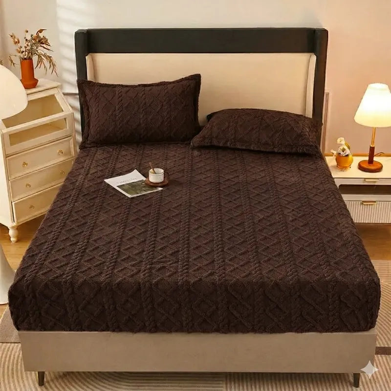 Set Sábana Cubre Colchón De Chiporro 2 Plazas Invierno Suave Café Mod6 Trenzado