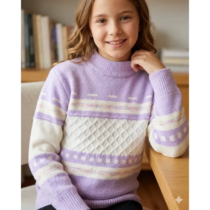 Sweater De Niña Tejido Polerón Teen Cuello Alto Sueter T8-16 Lila 736 Trenzado 150