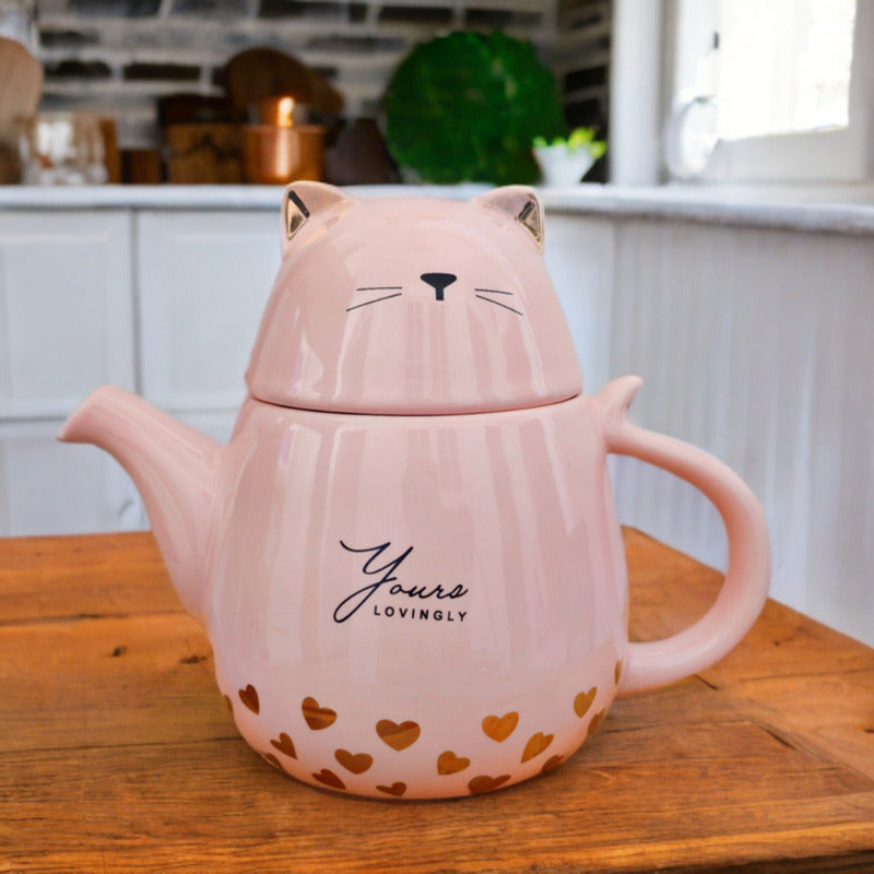 Set Tetera De Gatito De Porcelana + 4 Tazas + Bandeja Bambu