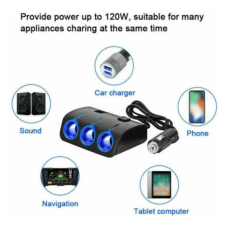 Encendedor Triple Adaptador +2usb 120w 12-24v Splitter Encen