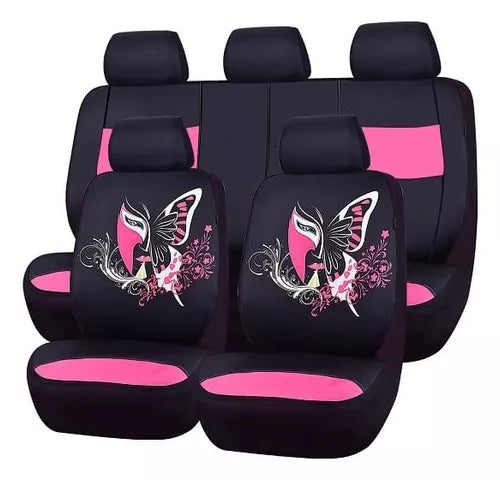Funda Cubre Asiento Auto Para Mujer Rosado 9 piezas Mariposa