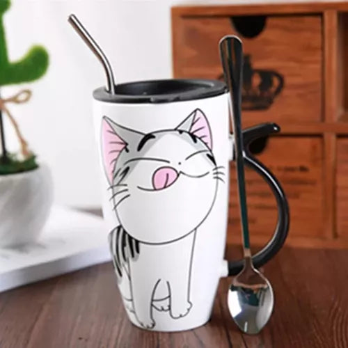 Taza De Gato Mug Con Tapa Con Boquilla Tazón Gato Chi
