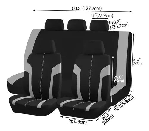 Set Fundas Cubre Asiento Negro Diseño Costura 9pcs