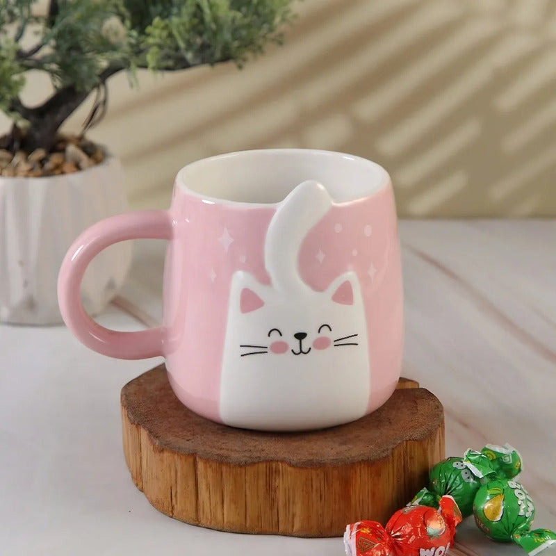 Tazón De Cerámica Gato Kawaii Con Cola 400ml Taza Cat Lovers Rosa Mk-223 C