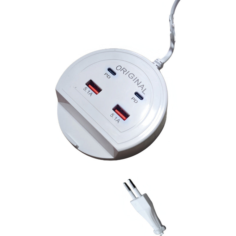 Hub Usb Alargador Enchufe 220v 4 Puertos 2 Usb 2 Tipo C 5.1a Blanco Xy0446
