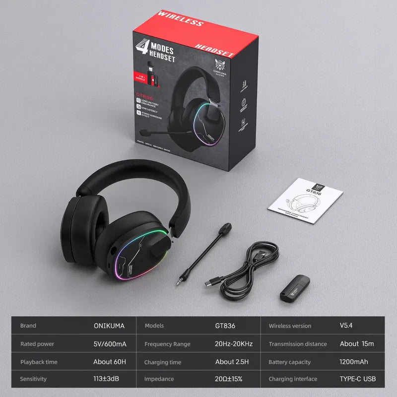 Audifono Gamer Onikuma Gt836 4modos Bluetooth Usb C Y Cable Negro Gt836