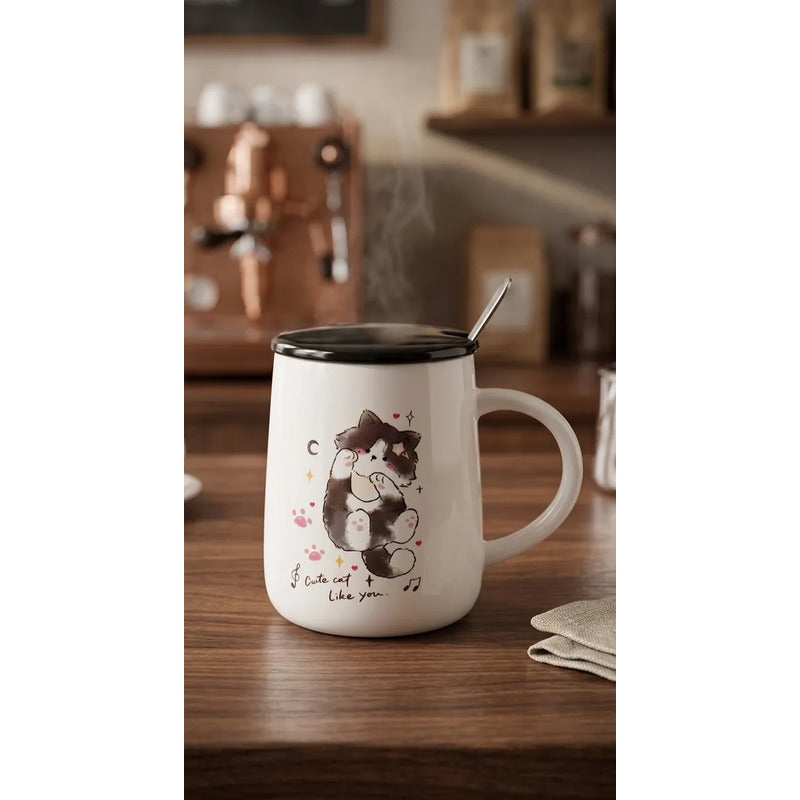 Tazón Cerámica Gatito Lindo Con Tapa Y Cuchara Kawaii Cute Blanco Mk-212 B