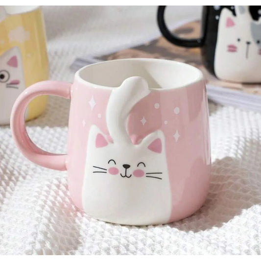 Tazón De Cerámica Gato Kawaii Con Cola 400ml Taza Cat Lovers Rosa Mk-223 C