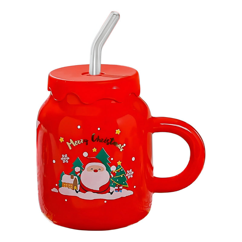 Taza De Navidad Tapa Silicon Bombilla Cristal Bebida Fría Ca
