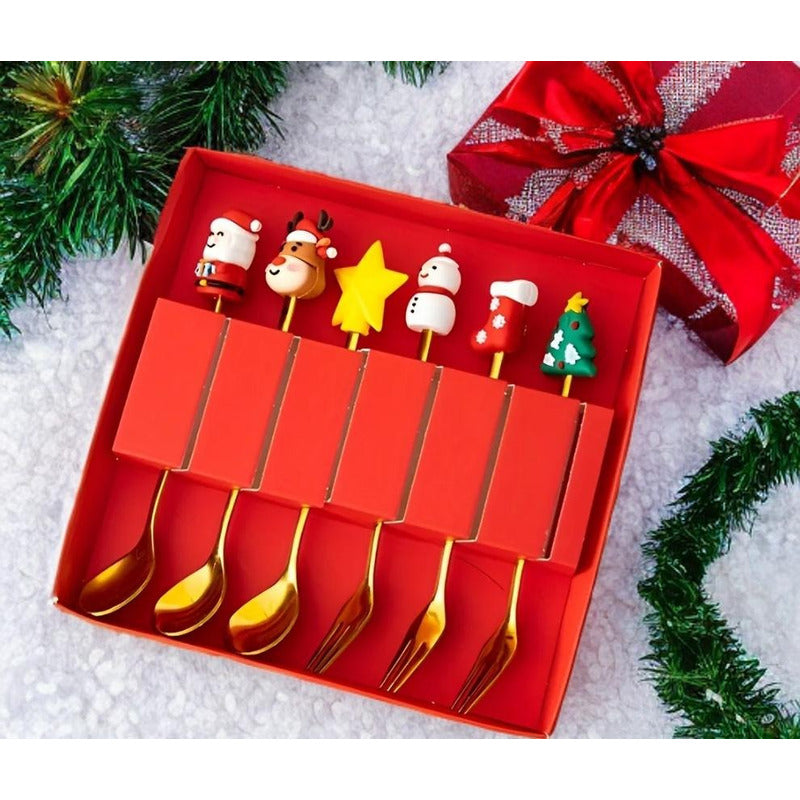 X6 Set Servicios Navideños Cuchara Tenedor Decoración Navida