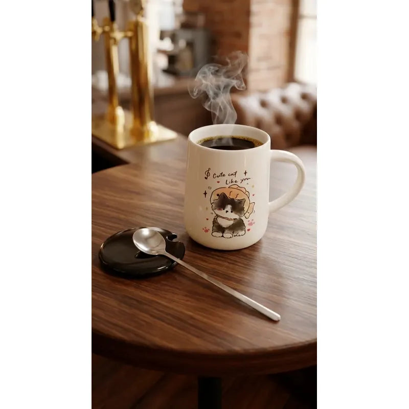 Tazón Cerámica Gatito Lindo Con Tapa Y Cuchara Kawaii Cute Blanco Mk-212 A
