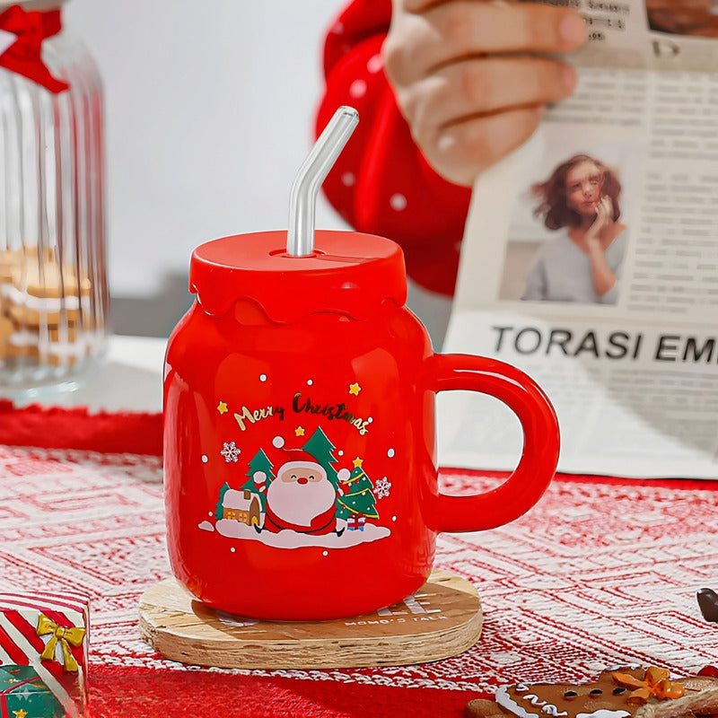 Taza De Navidad Tapa Silicon Bombilla Cristal Bebida Fría Ca