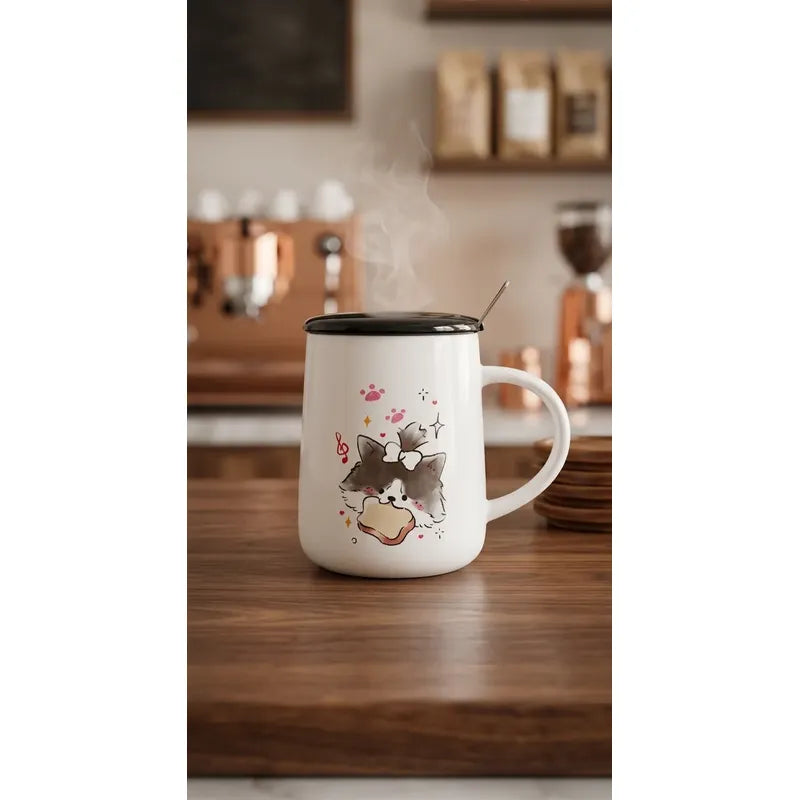 Tazón Cerámica Gatito Lindo Con Tapa Y Cuchara Kawaii Cute Blanco Mk-212 C