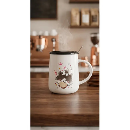 Tazón Cerámica Gatito Lindo Con Tapa Y Cuchara Kawaii Cute Blanco Mk-212 C