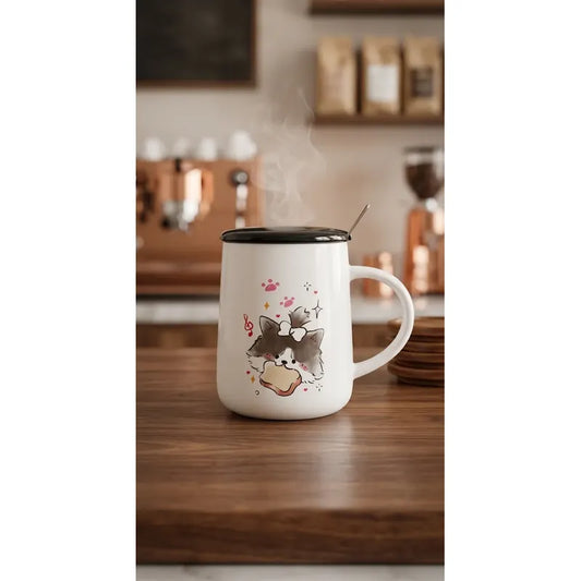 Tazón Cerámica Gatito Lindo Con Tapa Y Cuchara Kawaii Cute Blanco Mk-212 C