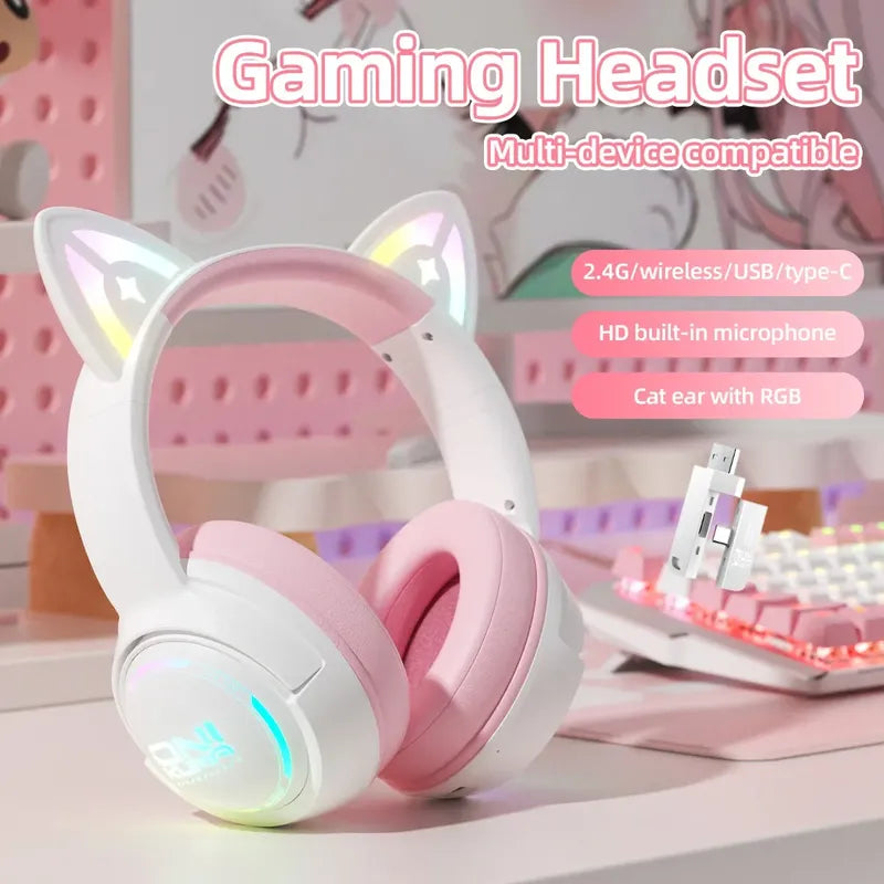 Audifono Gamer Onikuma Cat Gt838 3modos Bluetooth Usb C Gato Blanco Rosa Gt838