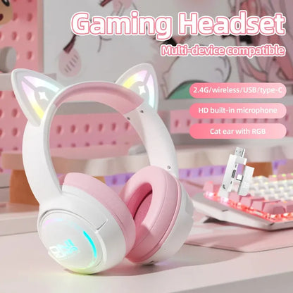 Audifono Gamer Onikuma Cat Gt838 3modos Bluetooth Usb C Gato Blanco Rosa Gt838