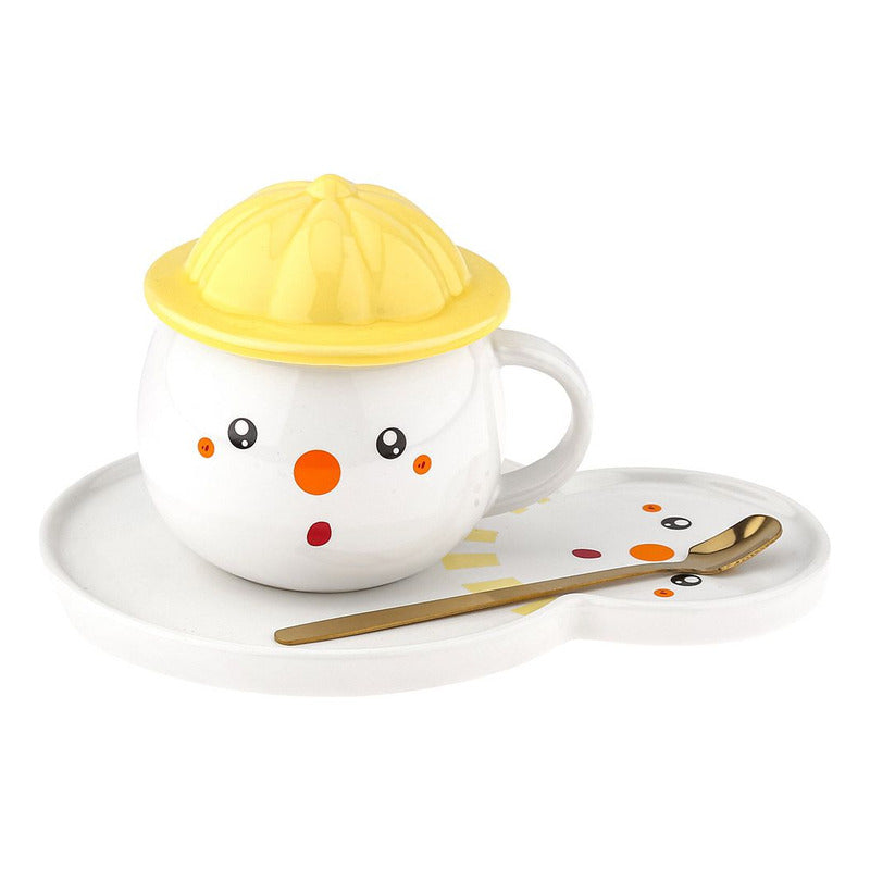 Set Taza Muñeco D Nieve + Plato Tapa Cuchara Navidad Snowman