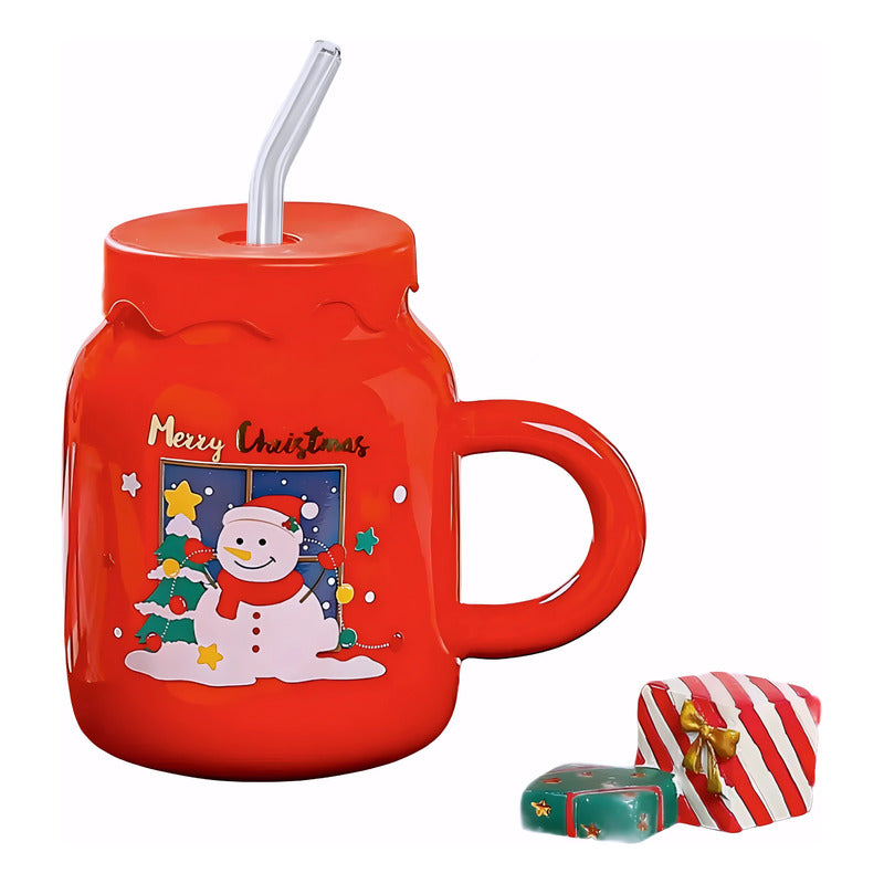 Taza De Navidad Tapa Silicon Bombilla Cristal Bebida Fría Ca